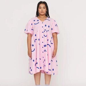 Pink & Navy Puff Lazy Oaf Happy/Sad Midi Dress Size UK14/ Fits like US 12/14